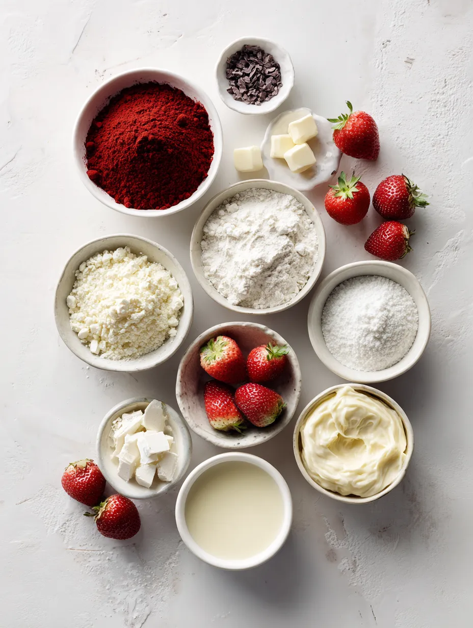 Ingredients for Red Velvet Strawberry Pancakes with Creamy Cheese Drizzle