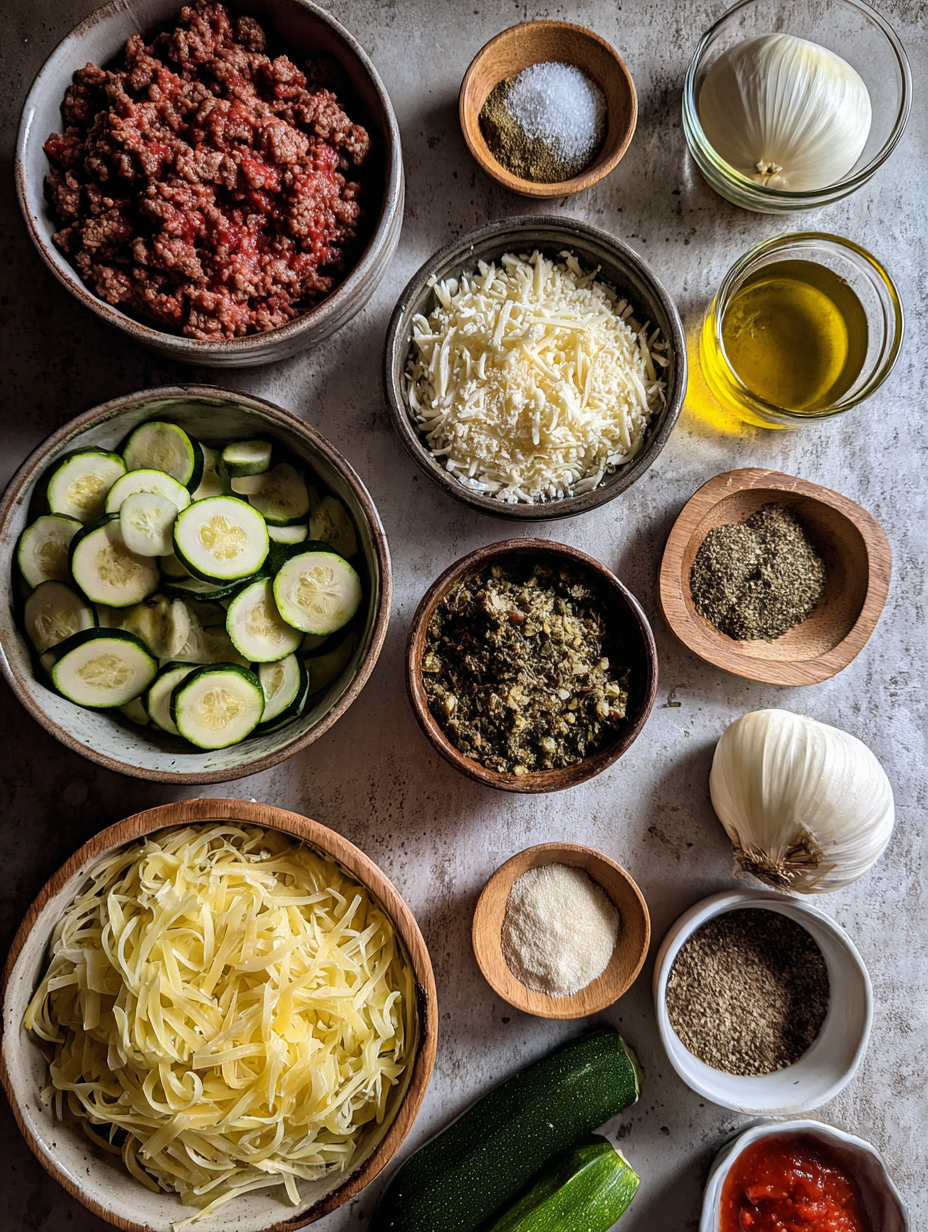 Ingredients for Ground Beef Zucchini Bake Recipe Low Carb Dinner