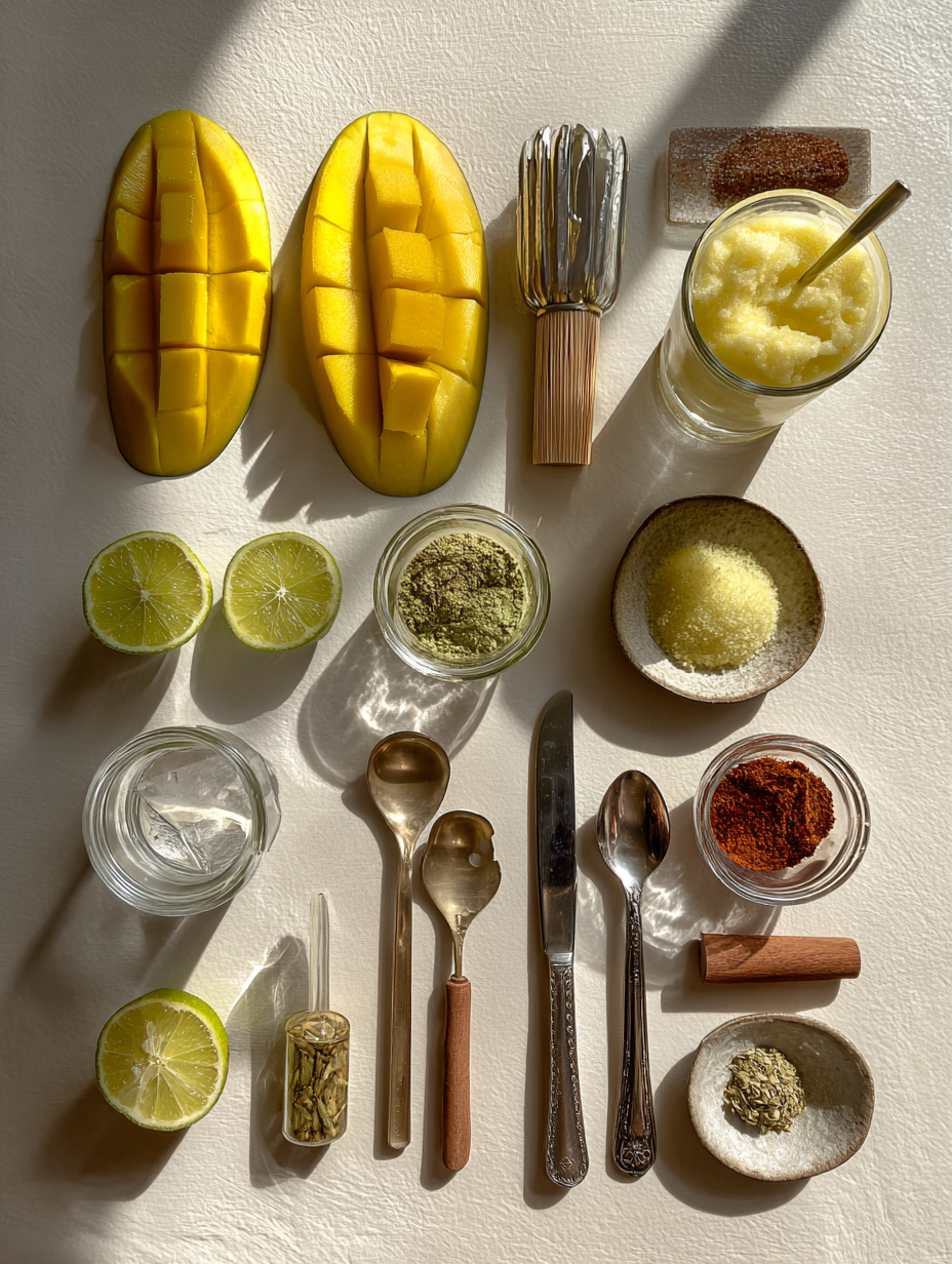 Ingredients for Tajin Mango Slushie Recipe Mexican Spicy Sweet Drink