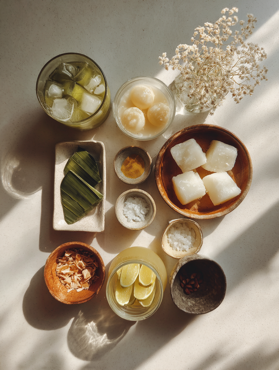 Ingredients for Pandan Coconut Drink Recipe Southeast Asian Drink