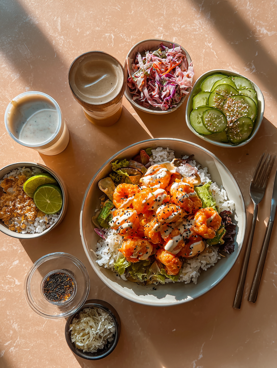 Ingredients for Bang Bang Shrimp Rice Bowl Recipe Easy Spicy Lunch