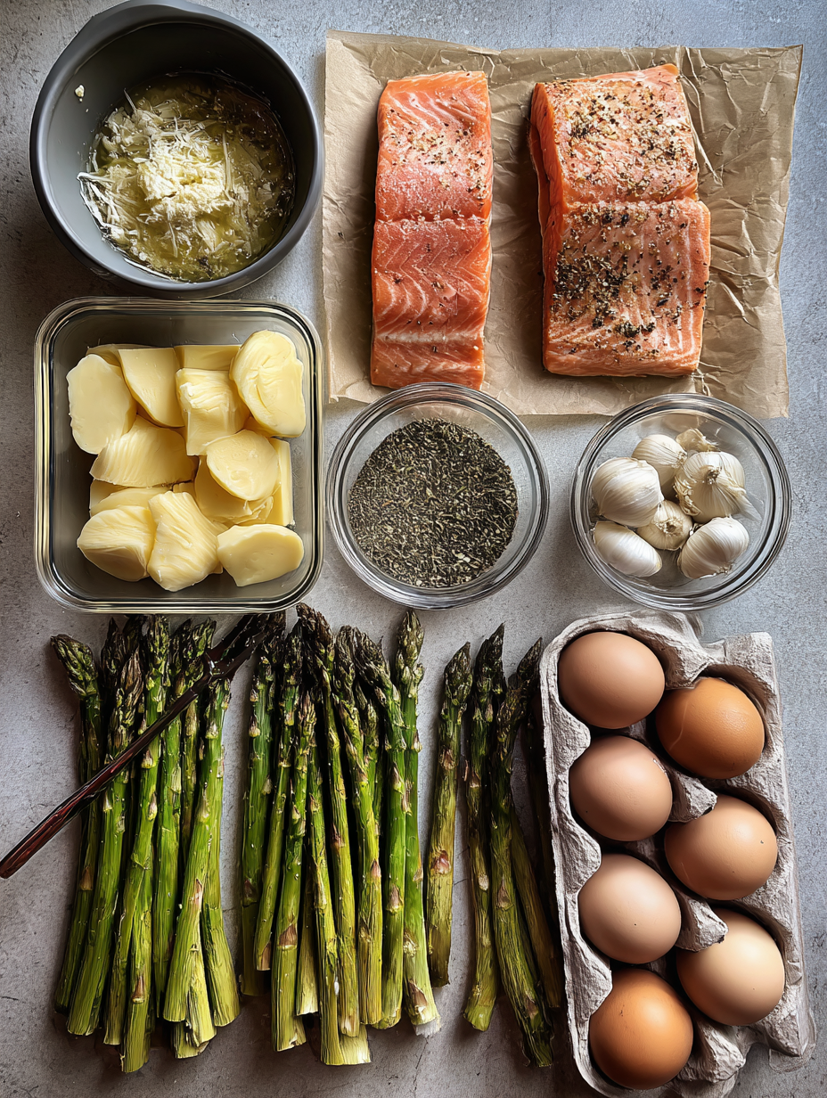 Ingredients for One Pan Garlic Butter Salmon Asparagus Recipe