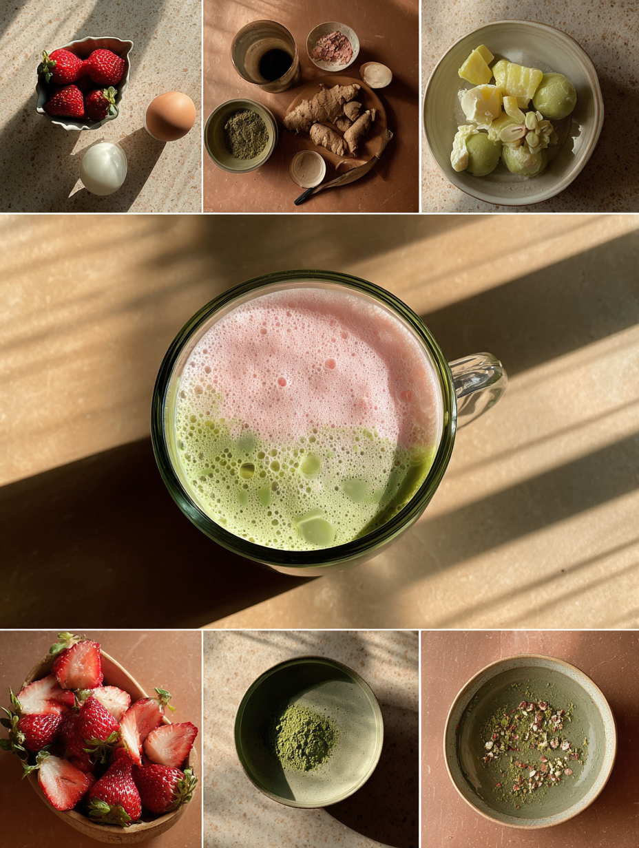Steps for Strawberry Matcha Latte Recipe Layered Pink Green Drink