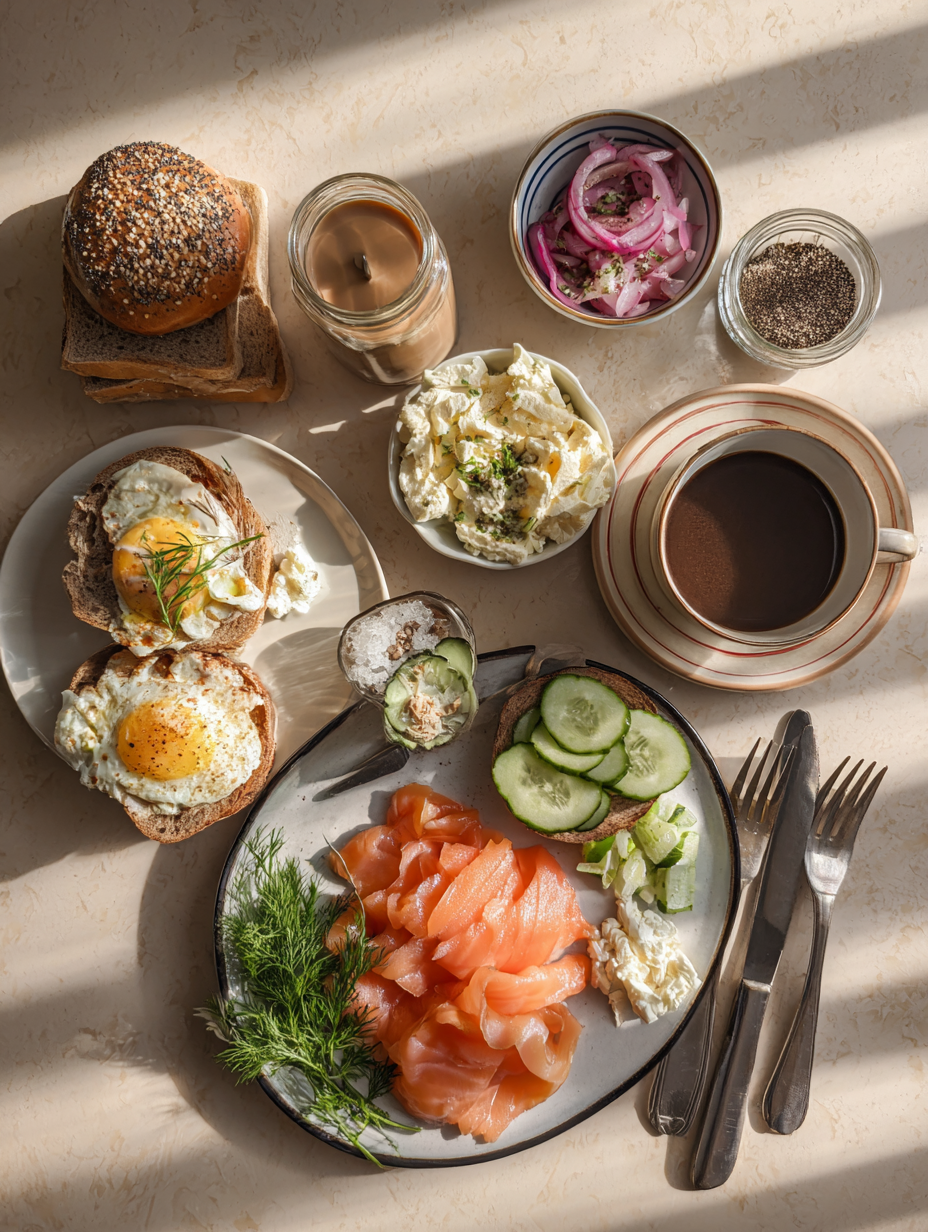 Ingredients for Smoked Salmon Bagel Board Recipe Brunch Platter