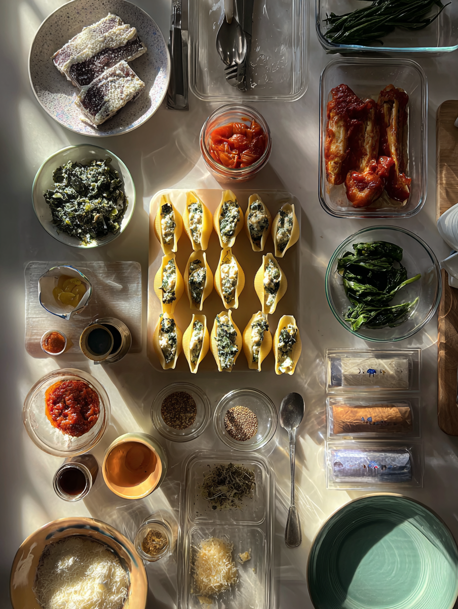 Ingredients for Oven-Baked Spinach Ricotta Stuffed Shells
