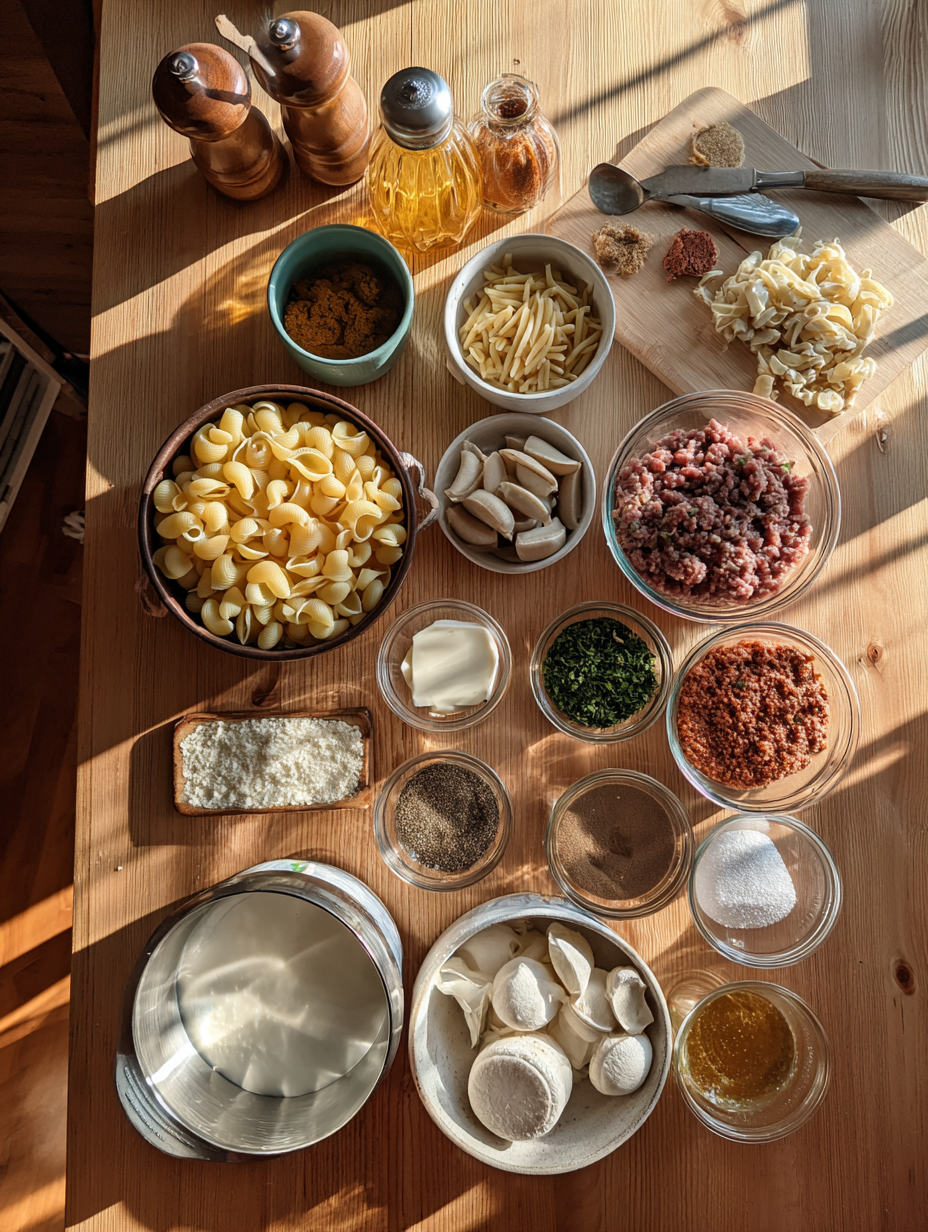 Ingredients for Beefy One-Pot Shell Pasta Bake