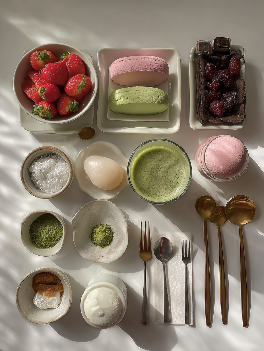 Ingredients for Strawberry Matcha Latte Recipe Layered Pink Green Drink