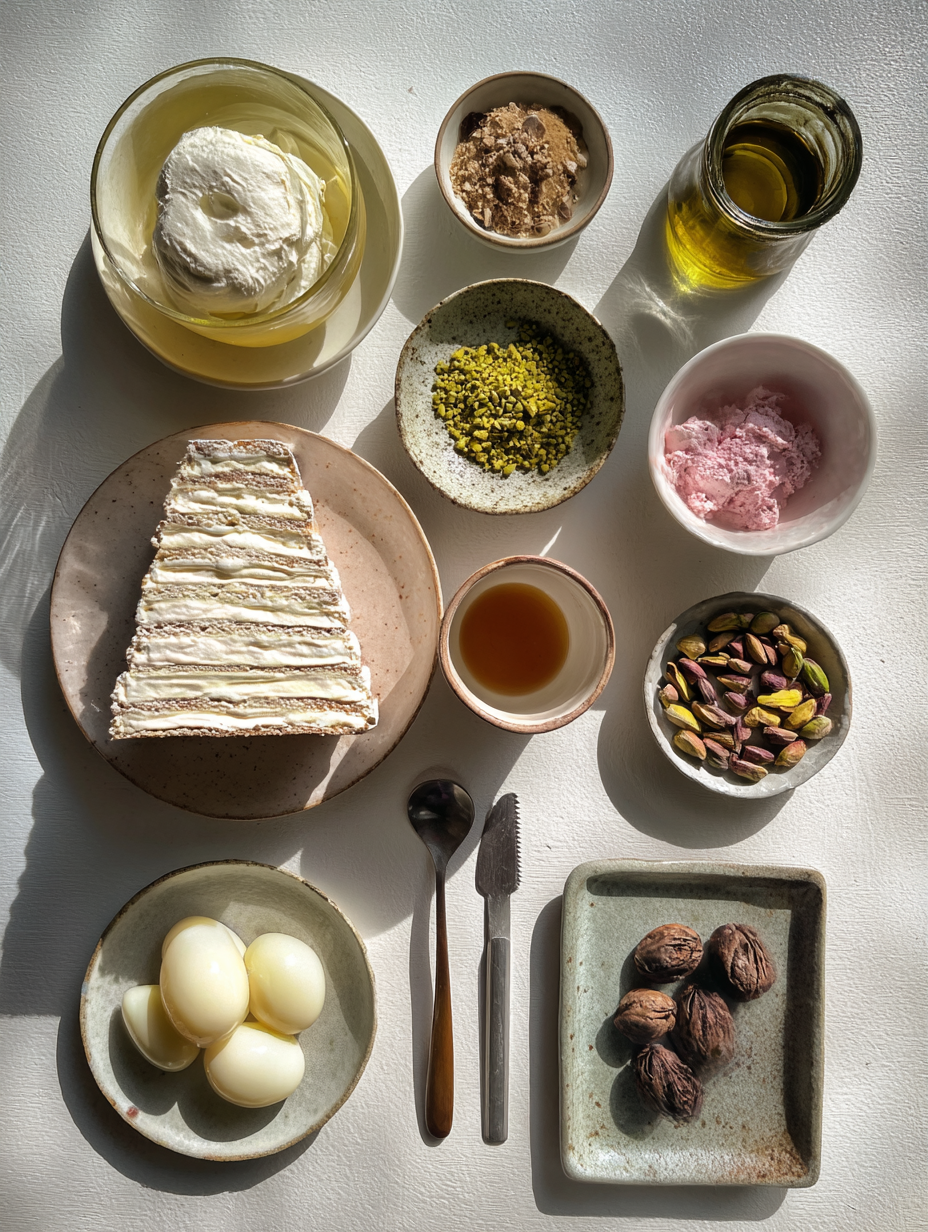 Ingredients for Pistachio Cream Meringue Tree Recipe Showstopper Dessert